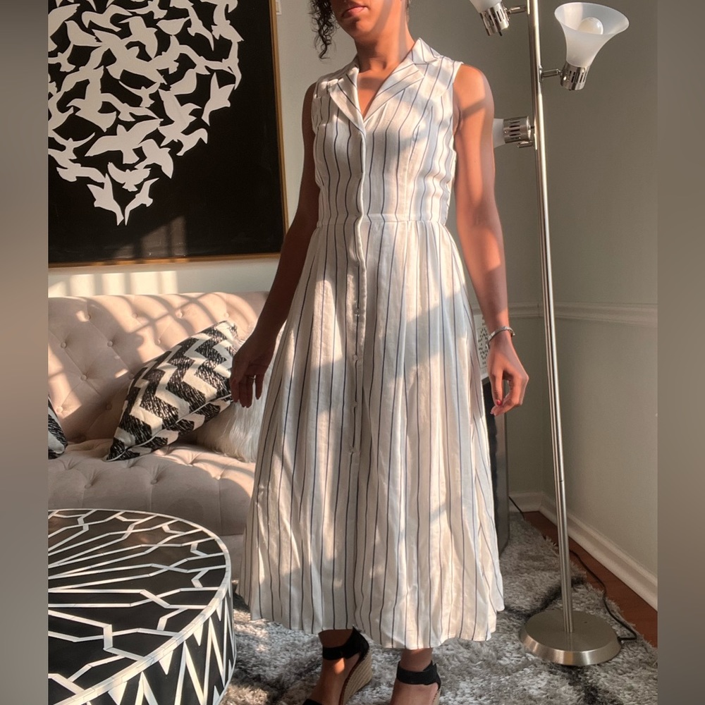 DKNY Womens White Belted Button Closures Striped Sleeveless  Midi Shirt Dress - Picture 6 of 11